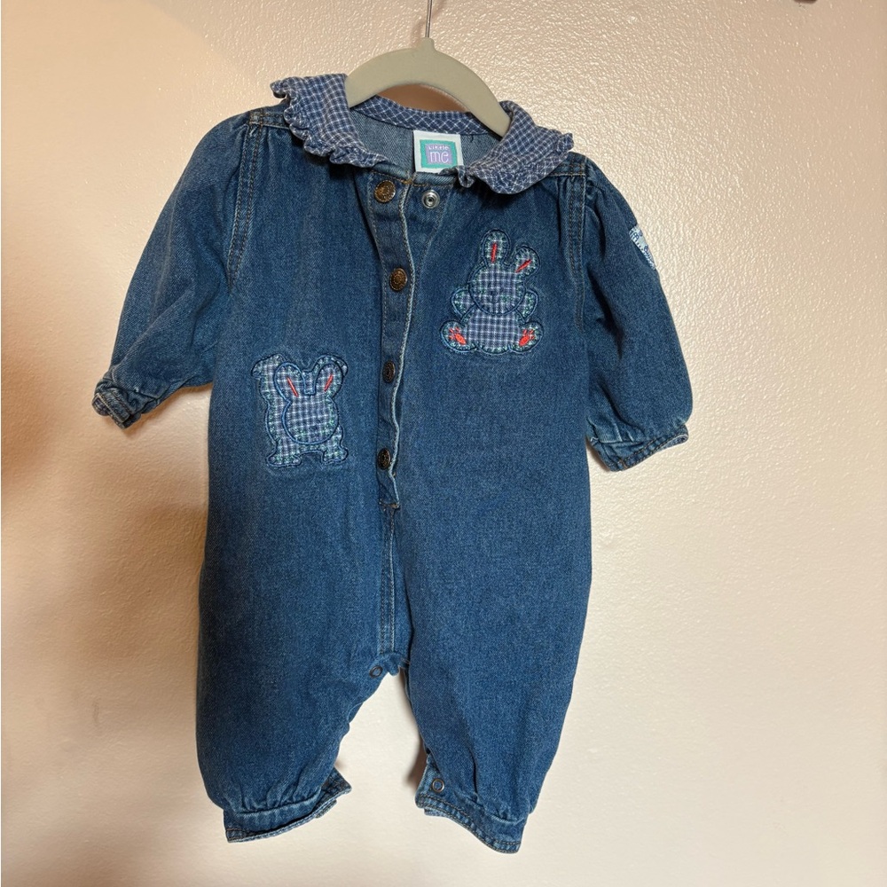 Vintage Denim Baby Romper with Bunny Patches
